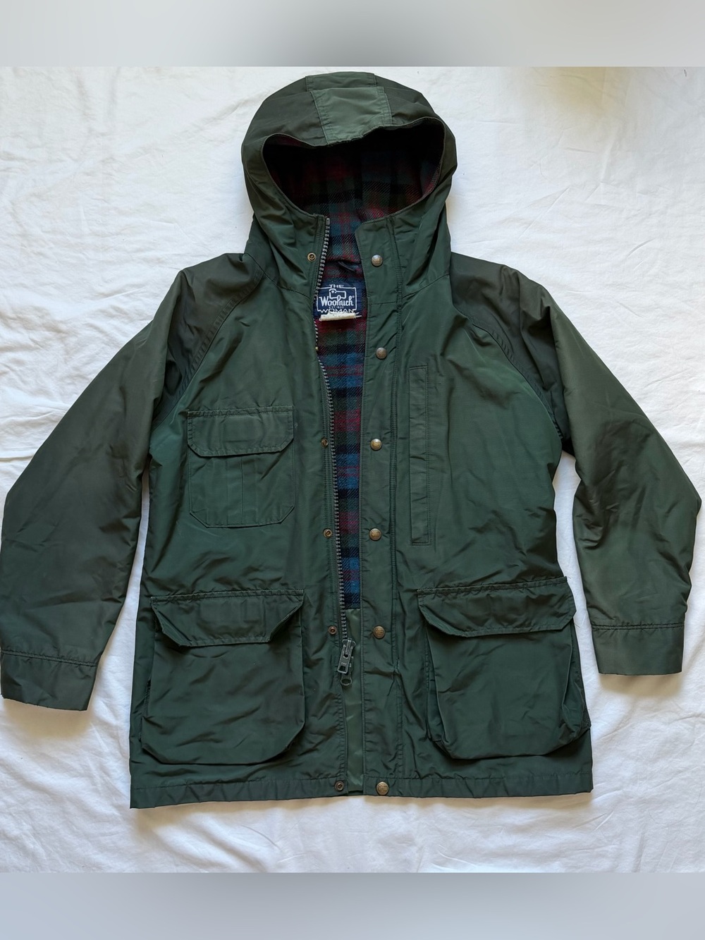 Vintage Woolrich Woman Hunter Green Hooded Chore Coat Flannel Lining